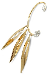 Wrap Around Cuff Fashion Earring w/ Crystals - Dangling Spike w/ Crystals Plumeria Design (Gold and Rose Gold Color Available)
