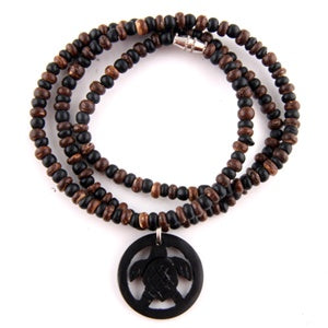 Wooden Bead Necklace - Turtle Pendant
