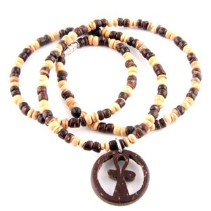 Wooden Bead Necklace - Ankh Cross Pendant