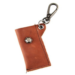 Genuine Leather Key Chain - Hexagonal Metal Stud - Dark Brown