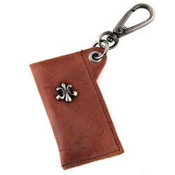 Genuine Leather Key Chain - Fleur de lis Metal Accent - Dark Brown