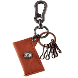 Genuine Leather Pouch Key Chain - Star Stud - Dark Brown