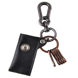 Genuine Leather Pouch Key Chain - Star Stud - Black