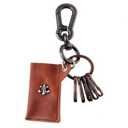 Genuine Leather Pouch Key Chain - Fleur De Lis - Dark Brown