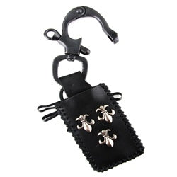Genuine Leather Lighter Holder and Key Chain - 3 Fleur De Lis Metal Design - Black