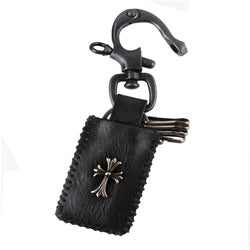 Genuine Leather Lighter Holder and Key Chain - Metal Cross Accent - Black