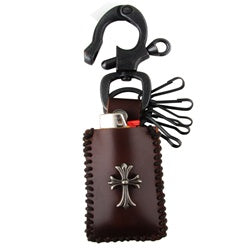 Genuine Leather Lighter Holder and Key Chain - Celtic Cross Accent - Brown