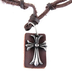 Genuine Dark Brown Leather Cord Necklace / Leather Choker / Leather Necklace With Celtic Cross Pendant and Rectangular Leather Pendant/DogTag Pendant