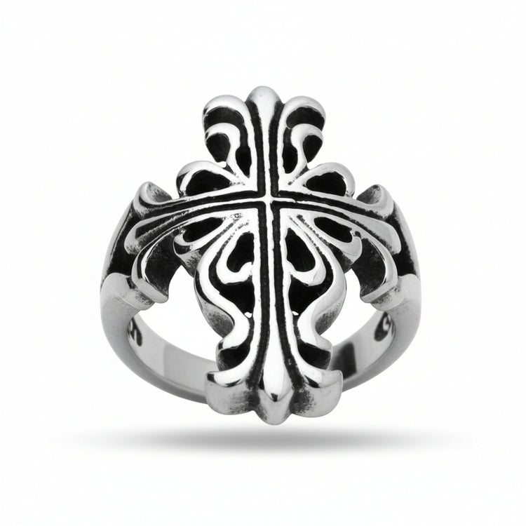 Stainless Steel Casting Ring Oxidized Floral Cross