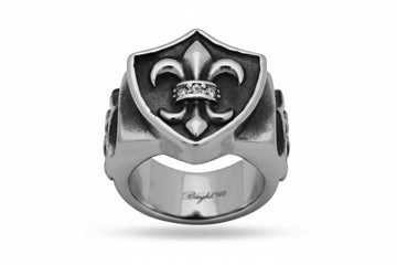 Stainless Steel Casting Ring Oxidized Fleur De Lis with Round Clear CZ Accent