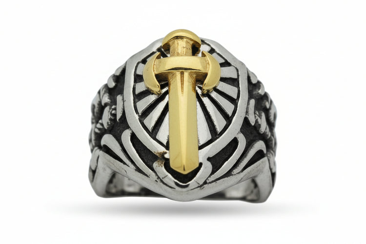 Stainless Steel Casting Ring Oxidized Two Tone Sword and Shield