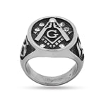 Stainless Steel Casting Ring Oxidized Signet Masonic Symbol with Clear CZ