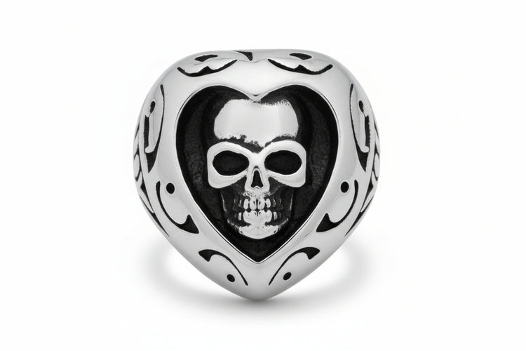 Stainless Steel Casting Ring Oxidized Floral Tribal Heart Skull