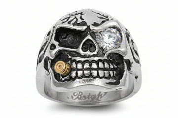 Stainless Steel Ring - Skull Bullet Cigar Clear CZ Eye