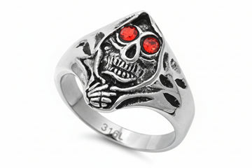 Stainless Steel Casting Ring Skull La Muerte Reaper with Garnet CZ