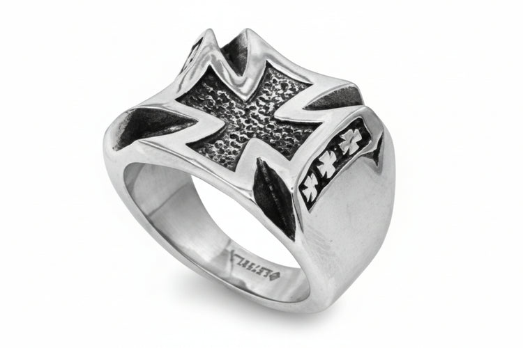 Stainless Steel Ring - Oxidized Iron Cross