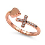 Stainless Steel Rose Gold Tone Cross and Heart Clear CZ Accent Tension Ring