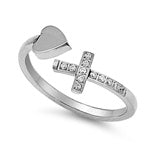 Stainless Steel Cross and Heart Clear CZ Accent Tension Ring