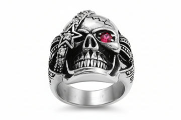 Stainless Steel Casting Ring - Skull with Clear CZ Eyepatch and Ruby CZ Eye