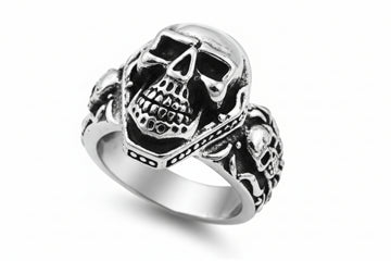 Stainless Steel Casting Ring - 3 Skulls Floral Tribal Design