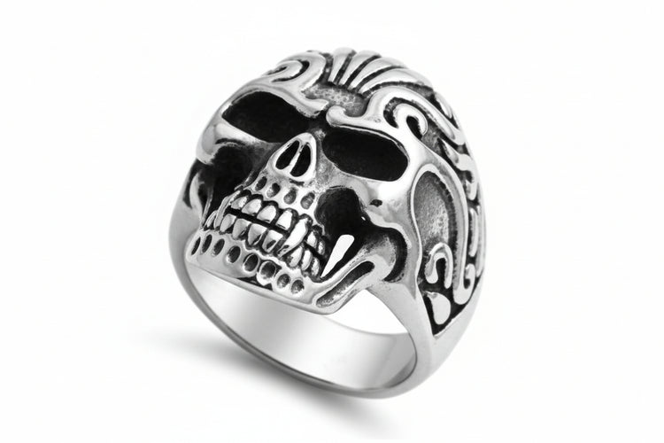 Stainless Steel Casting Ring - Skull with Tribal Floral Lines Design