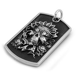 Stainless Steel Pendant - Skull with leaves ant rose design