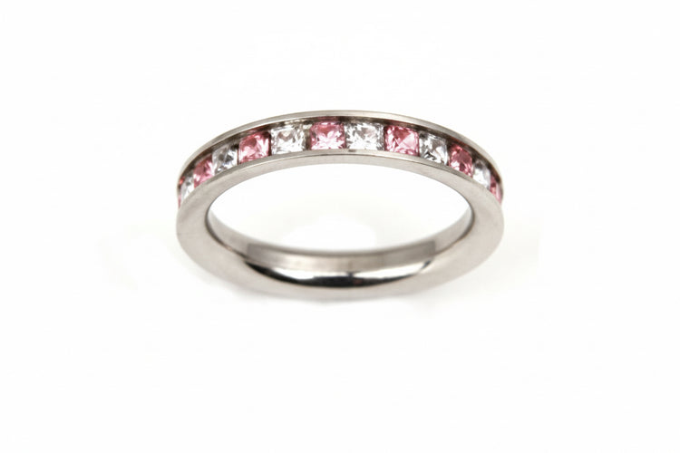 Stainless Steel Ring - Eternity Band w/ Pink and Clear CZ