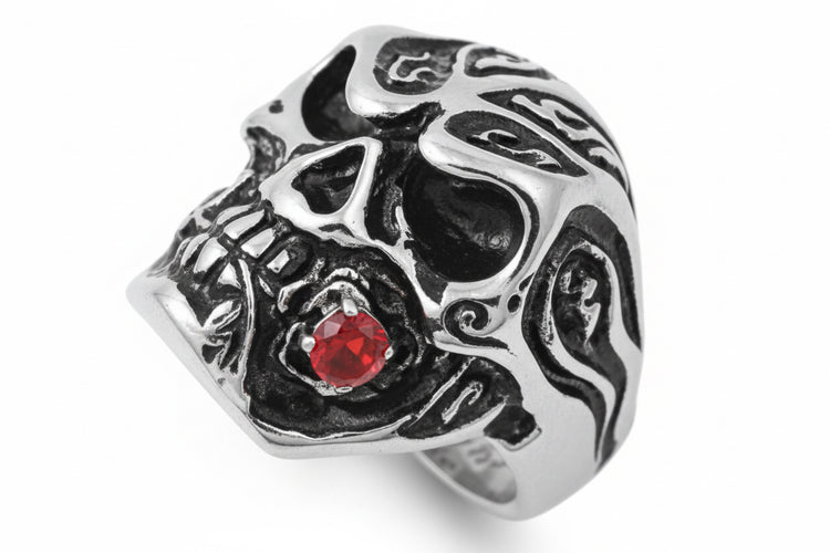Stainless Steel Biker Ring - Smoking Skull w Garnet CZ