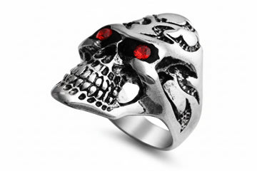 "Red-Eyed Skull" -Stainless Steel Ring with Garnet CZ