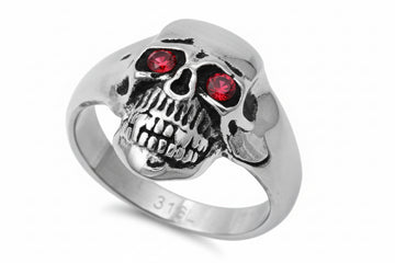 "Red-Eyed Skull 2" -Stainless Steel Ring with Garnet CZ