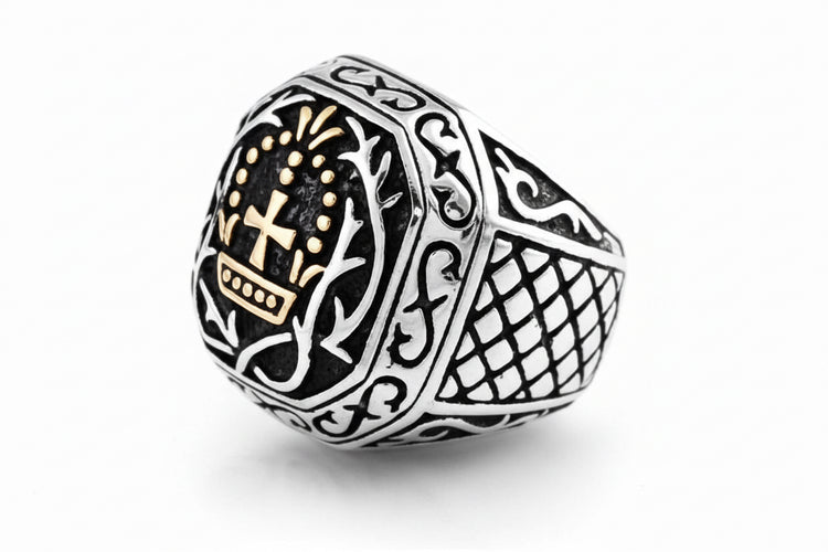 "Golden Paladin" Stainless Steel Ring - Two-Tone w/ Crown Design