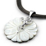 Rhodium Plated Shell Pendant with CZ & Adjustable Necklace - Flower Design