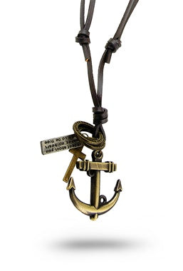 Gold Plated Brass Necklace - Anchor, Cross and Rings with quote Tag