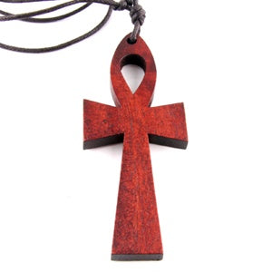 Brown Cord Necklace - Ankh Cross Wood