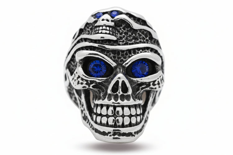 Stainless Steel Casting Ring - Skull with Blue CZ Eyes