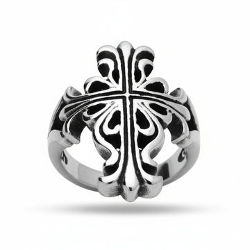 Stainless Steel Casting Ring Oxidized Floral Cross