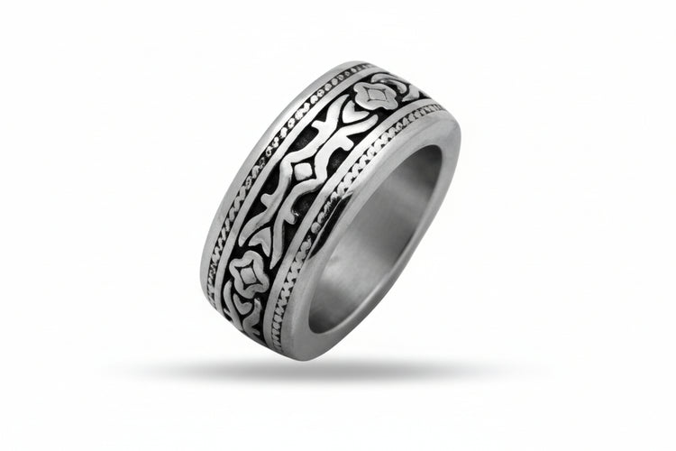 Stainless Steel Casting Ring Oxidized Floral Tribal Pattern