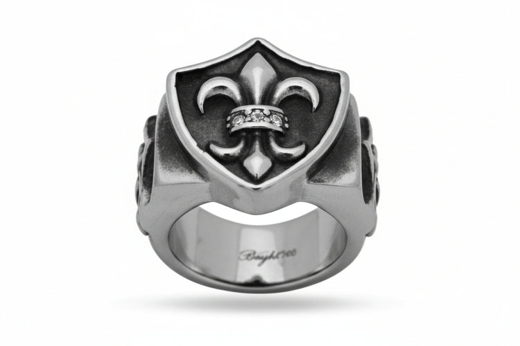Stainless Steel Casting Ring Oxidized Fleur De Lis with Round Clear CZ Accent