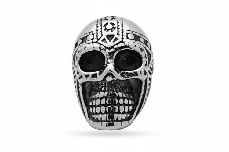 Stainless Steel Casting Ring Oxidized Skull with tribal Headress