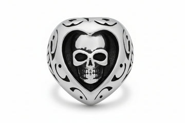 Stainless Steel Casting Ring Oxidized Floral Tribal Heart Skull