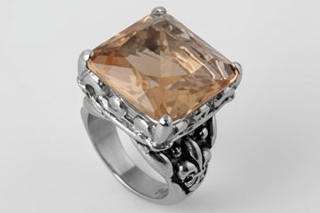 Stainless Steel Casting Ring Fleur De Lis Champagne CZ Cocktail Ring