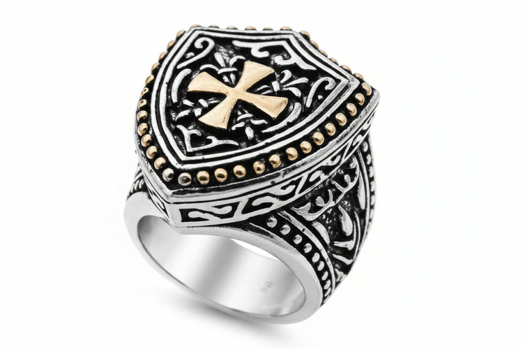 Stainless Steel Casting Ring - Floral Renaissance Shield Cross Gold IP