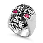 Stainless Steel Casting Ring - Skull with Black CZ Floral Design and Ruby Red CZ Eyes