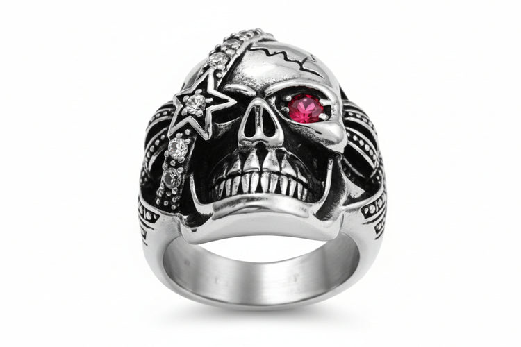 Stainless Steel Casting Ring - Skull with Clear CZ Eyepatch and Ruby CZ Eye