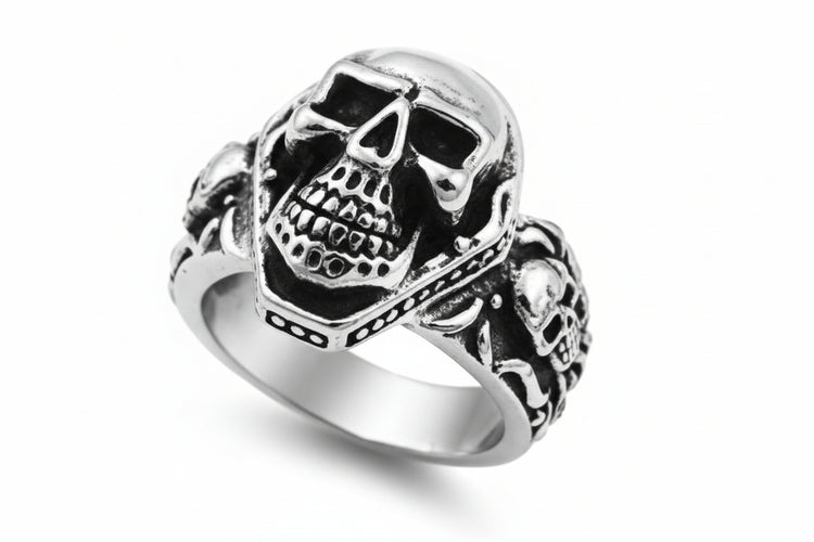 Stainless Steel Casting Ring - 3 Skulls Floral Tribal Design