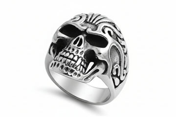 Stainless Steel Casting Ring - Skull with Tribal Floral Lines Design