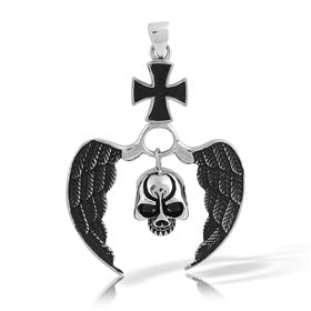 Stainless Steel Pendant - Wings with Skull Design and Cross (Large)