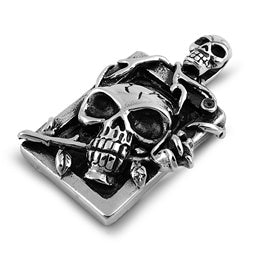 Stainless Steel Pendant - Skull w/ Rose and Design