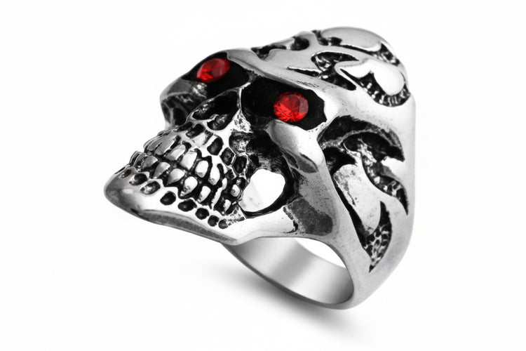 "Red-Eyed Skull" -Stainless Steel Ring with Garnet CZ