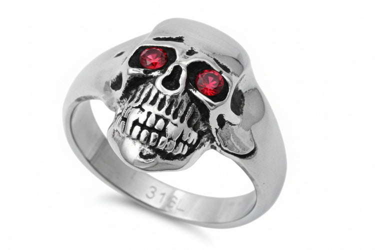 "Red-Eyed Skull 2" -Stainless Steel Ring with Garnet CZ